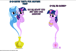 Size: 1048x700 | Tagged: safe, artist:navitaserussirus, character:trixie, character:twilight sparkle, species:pony, ship:twixie, cropped, female, genie, lesbian, shipping