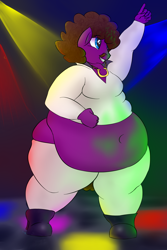 Size: 2000x3000 | Tagged: safe, artist:lupin quill, oc, oc only, oc:boogie hooves, species:anthro, 70s, afro, belly, belly button, bhm, big belly, clothing, dance floor, dancing, disco, disco outfit, facial hair, fat, male, obese, platform shoes, solo, thunder thighs, tight clothing, wide hips