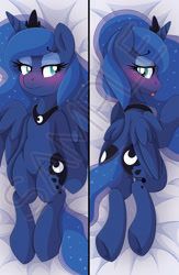 Size: 1355x2084 | Tagged: safe, artist:pearlyiridescence, character:princess luna, species:alicorn, species:pony, bed, blushing, body pillow, body pillow design, crown, cute, embarrassed, featureless crotch, female, jewelry, looking back, mare, merchandise, moonbutt, on back, open mouth, plot, praise the moon, regalia, solo, underhoof, watermark