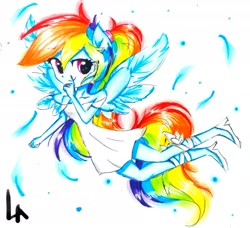 Size: 2243x2045 | Tagged: safe, artist:liaaqila, character:rainbow dash, my little pony:equestria girls, angel, clothing, dress, fairy, female, looking at you, mischief, ponied up, simple background, smiling, smirk, solo, traditional art, white background, winged humanization, wings