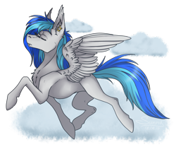 Size: 3000x2500 | Tagged: safe, artist:sunny way, rcf community, oc, oc only, oc:coldfire, species:pegasus, species:pony, chest fluff, cloud, colored, colored lineart, ear fluff, ear piercing, earring, eyes closed, fangs, female, flying, jewelry, piercing, ring, simple shading, solo, walking, wings, ych result