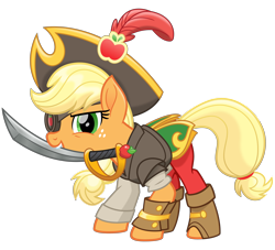 Size: 3300x3000 | Tagged: safe, artist:cheezedoodle96, character:applejack, species:earth pony, species:pony, my little pony: the movie (2017), .svg available, action pose, armor, badass, belt, boots, bracer, clothing, crouching, evil grin, eyepatch, feather, female, giant hat, grin, hat, leather armor, lidded eyes, mare, pants, pirate, pirate applejack, pirate costume, pirate hat, scimitar, shirt, shoes, simple background, smiling, smirk, solo, svg, sword, transparent background, vector, weapon