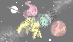 Size: 2316x1347 | Tagged: safe, artist:flutterthrash, character:fluttershy, species:pony, newbie artist training grounds, atg 2017, dialogue, planet, space
