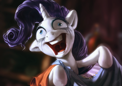 Size: 1200x850 | Tagged: safe, artist:assasinmonkey, character:rarity, species:pony, species:unicorn, episode:fame and misfortune, g4, my little pony: friendship is magic, crazy face, crying, derp, fabric, faec, female, insanity, makeup, mare, nightmare fuel, open mouth, rarisnap, running makeup, scene interpretation, smiling, solo, uncanny valley, why i'm creating a gown darling
