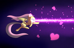 Size: 2000x1300 | Tagged: safe, artist:xbi, character:fluttershy, species:pony, action pose, badass, beam, eye beams, flutterbadass, heart, imma firin mah lazah, laser, profile, spread wings, stare, the stare, windswept mane, wings