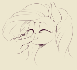 Size: 875x805 | Tagged: safe, artist:sirmasterdufel, character:fluttershy, species:pegasus, species:pony, boop, bust, cute, disembodied hand, eyes closed, female, hand, mare, monochrome, scrunchy face, shyabetes, smiling
