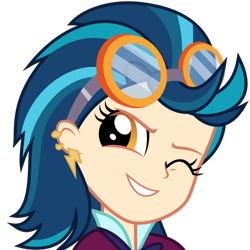 Size: 512x512 | Tagged: safe, artist:xebck, character:indigo zap, derpibooru, equestria girls:friendship games, g4, my little pony: equestria girls, my little pony:equestria girls, .svg available, derpibooru badge, ear piercing, earring, female, goggles, jewelry, meta, one eye closed, piercing, simple background, smiling, solo, svg, transparent background, vector, wink