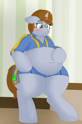 Size: 2000x3000 | Tagged: safe, artist:coatieyay, oc, oc only, oc:littlepip, species:pony, species:unicorn, fallout equestria, belly button, belly freckles, bipedal, blushing, chest fluff, chubby, chubby cheeks, clothing, double chin, fanfic, fanfic art, fat, female, floppy ears, freckles, mare, obese, pipbuck, semi-anthro, shorts, solo, vault suit