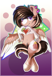 Size: 640x928 | Tagged: safe, artist:beardie, oc, oc only, oc:buttercream scotch, species:hippogriff, badge, belly button, blaze (coat marking), cute, ear piercing, earring, heart, heart hands, jewelry, looking at you, piercing, talons, tongue out