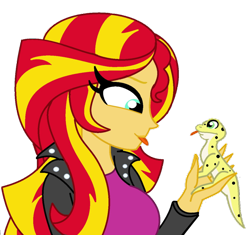 Size: 800x752 | Tagged: safe, artist:cbear624, character:ray, character:sunset shimmer, episode:pet project, eqg summertime shorts, g4, my little pony: equestria girls, my little pony:equestria girls, clothing, gecko, leopard gecko, looking at each other, ray, simple background, smiling, tongue out, transparent background