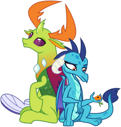 Size: 3000x3150 | Tagged: safe, artist:cheezedoodle96, character:princess ember, character:thorax, species:changeling, species:dragon, species:reformed changeling, episode:triple threat, g4, my little pony: friendship is magic, .svg available, back to back, embrax, female, flower, friendshipping, interspecies, male, scene interpretation, shipping, show accurate, simple background, sitting, straight, svg, transparent background, vector
