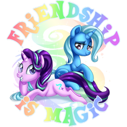 Size: 894x894 | Tagged: safe, artist:arcadianphoenix, artist:drawponies, character:starlight glimmer, character:trixie, species:pony, species:unicorn, commission, female, friendship, looking at you, mare, prone, simple background, sitting, smiling, title drop, transparent background