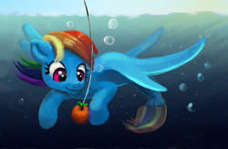 Size: 2000x1300 | Tagged: safe, artist:xbi, character:rainbow dash, species:pony, apple, bait, female, fishing, food, merpony, solo, underwater