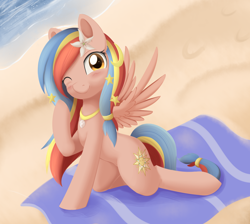 Size: 1344x1205 | Tagged: safe, artist:dusthiel, oc, oc only, oc:pearl shine, species:pegasus, species:pony, nation ponies, beach, blushing, female, mare, one eye closed, philippines, ponified, solo, wink