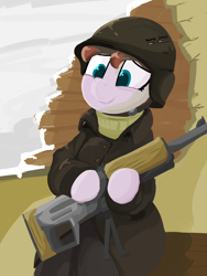 Size: 1512x2016 | Tagged: safe, artist:coatieyay, artist:dimfann, oc, oc only, species:pony, clothing, coat, dimfann's war universe, gun, helmet, hoof hold, military, military uniform, sitting, smiling, snow, solo, weapon