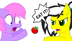 Size: 1920x1080 | Tagged: safe, artist:toyminator900, oc, oc only, oc:melody notes, oc:uppercute, species:pony, duo, food, scared, simple background, throwing, tomato, transparent background, yelling