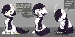 Size: 4200x2100 | Tagged: dead source, safe, artist:captainpudgemuffin, oc, oc only, oc:padlock, species:earth pony, species:pony, g4, behaving like a cat, catpony, cheek fluff, chest fluff, clothing, cute, dialogue, ear fluff, eyebrows, eyebrows visible through hair, eyes closed, female, floppy ears, fluffy, gift art, lidded eyes, mare, no pupils, ocbetes, open mouth, original species, preacher, priest, priestess, scarf, silly, silly pony, simple background, sitting, sleeping, sleepy, smiling, solo, teary eyes, yawn, yellow eyes, zzz