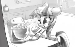 Size: 1280x807 | Tagged: safe, artist:php27, character:twilight sparkle, species:pony, species:unicorn, baking, batter, cute, female, floppy ears, food, frown, glowing horn, gritted teeth, kitchen, leaning, magic, mare, monochrome, one eye closed, scared, solo, wink