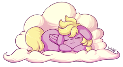 Size: 1548x849 | Tagged: safe, artist:dsp2003, oc, oc only, oc:comfy, species:pegasus, species:pony, bipedal, blushing, chibi, cloud, cute, dawwww, female, floppy ears, simple background, sleeping, solo, style emulation, transparent background