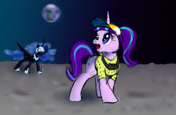 Size: 1000x650 | Tagged: safe, artist:xbi, character:nightmare moon, character:princess luna, character:starlight glimmer, species:alicorn, species:pony, species:unicorn, 30 minute art challenge, camera, clothing, earth, hat, moon, spread wings, tourist, wings