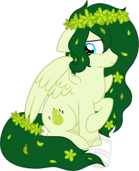 Size: 735x900 | Tagged: safe, artist:tambelon, oc, oc only, oc:posie pear, species:pegasus, species:pony, female, flower, flower in hair, mare, shy, simple background, solo, transparent background, watermark