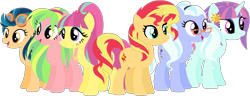 Size: 1024x392 | Tagged: safe, artist:ra1nb0wk1tty, character:indigo zap, character:lemon zest, character:sour sweet, character:sugarcoat, character:sunny flare, character:sunset shimmer, species:earth pony, species:pegasus, species:pony, species:unicorn, alternate universe, ear piercing, earring, equestria girls ponified, female, glasses, goggles, jewelry, mare, piercing, ponified, shadow five, simple background, transparent background