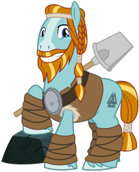 Size: 2600x3200 | Tagged: safe, artist:cheezedoodle96, character:rockhoof, species:earth pony, species:pony, episode:campfire tales, g4, my little pony: friendship is magic, .svg available, armor, beard, braid, braided ponytail, facial hair, leather armor, leg wraps, looking at you, male, moustache, rock, rockhoof's shovel, shovel, simple background, smiling, solo, stallion, svg, transparent background, valknut, vector