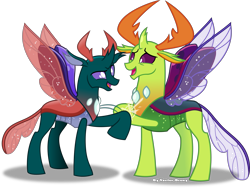 Size: 3809x2860 | Tagged: safe, artist:vector-brony, character:pharynx, character:prince pharynx, character:thorax, species:changeling, species:reformed changeling, episode:to change a changeling, g4, my little pony: friendship is magic, brotherhood, brotherly love, brothers, changedling brothers, changeling king, male, open mouth, simple background, smiling, stop hitting yourself, transparent background, vector