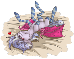 Size: 3366x2688 | Tagged: safe, artist:sunny way, rcf community, oc, oc only, oc:moon aura, species:bat pony, species:pony, bed, clothing, commission, fangs, female, hooves, lovely, nudity, on back, on bed, simple shading, smiley face, socks, solo, striped socks, teeth, wings, ych result