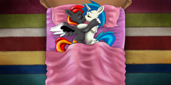 Size: 4000x2000 | Tagged: safe, artist:drawponies, character:dj pon-3, character:vinyl scratch, oc, species:pegasus, species:pony, species:unicorn, absurd resolution, bed, bedroom, blanket, canon x oc, eyes closed, kissing, pillow, shipping, unshorn fetlocks