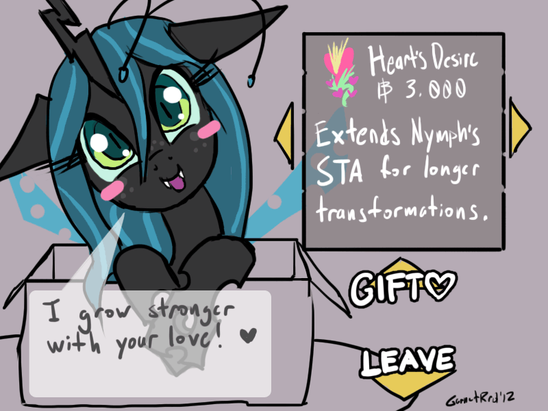 Size: 800x600 | Tagged: safe, artist:moronsonofboron, character:queen chrysalis, species:changeling, animated, blushing, changeling in a box, changeling queen, cute, cutealis, fan game, female, game, gif, looking at you, nymph, smiling, solo