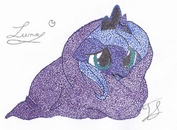 Size: 752x551 | Tagged: safe, artist:jessy, artist:mamandil, artist:thestipplebrony, character:princess luna, blanket burrito, female, filly, pointillism, solo, stipple, traditional art, woona, younger