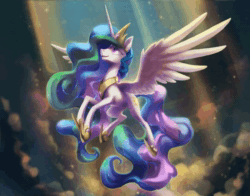 Size: 800x628 | Tagged: safe, artist:dawnfire, artist:nadnerbd, artist:theshadowscale, edit, character:princess celestia, species:alicorn, species:pony, g4, animated, cinemagraph, clothing, cloud, crepuscular rays, crown, ear twitch, female, flowing mane, flying, hoof shoes, jewelry, mare, necklace, no sound, peytral, profile, regalia, shoes, solo, spread wings, webm, wings