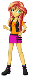 Size: 1156x2952 | Tagged: safe, artist:artemis-polara, character:sunset shimmer, g4, my little pony: equestria girls, my little pony:equestria girls, boots, breasts, cleavage, clothing, cute, female, hand on hip, jacket, leather jacket, legs, moe, shirt, shoes, simple background, skirt, smiling, solo, transparent background, vest