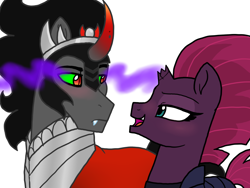 Size: 1024x768 | Tagged: safe, artist:tambelon, character:fizzlepop berrytwist, character:king sombra, character:tempest shadow, species:pony, species:unicorn, my little pony: the movie (2017), blushing, broken horn, crack shipping, dark magic, female, magic, male, mare, shipping, simple background, sombra eyes, sombrest, stallion, straight, white background