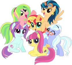 Size: 1024x925 | Tagged: safe, artist:ra1nb0wk1tty, character:indigo zap, character:lemon zest, character:sour sweet, character:sugarcoat, character:sunny flare, character:sunset shimmer, species:pony, alternate universe, equestria girls ponified, mane six opening poses, ponified, shadow five, simple background, transparent background