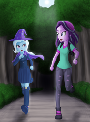 Size: 2080x2792 | Tagged: safe, artist:artemis-polara, character:starlight glimmer, character:trixie, my little pony:equestria girls, beanie, cape, clothing, commission, female, forest, hat, open mouth, pants, racing, running, tree, trixie's cape, trixie's hat, vest