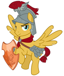 Size: 2700x3200 | Tagged: safe, artist:cheezedoodle96, character:flash magnus, species:pegasus, species:pony, episode:campfire tales, g4, my little pony: friendship is magic, .svg available, armor, flying, helmet, lidded eyes, looking at you, male, netitus, royal legion, shield, simple background, smiling, solo, stallion, svg, torn wings, transparent background, vector