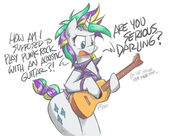Size: 1000x794 | Tagged: safe, artist:flutterthrash, character:rarity, species:pony, species:unicorn, episode:honest apple, episode:it isn't the mane thing about you, g4, my little pony: friendship is magic, acoustic guitar, alternate hairstyle, bad guitar anatomy, crossing the memes, dialogue, female, guitar, guitarity, punkity, semi-anthro, simple background, solo, tail band, tail bracelet, white background