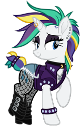 Size: 2000x3000 | Tagged: safe, artist:cheezedoodle96, character:rarity, species:pony, species:unicorn, episode:it isn't the mane thing about you, g4, my little pony: friendship is magic, .svg available, alternate hairstyle, belt, boots, bracelet, buckle, choker, clothing, denim shorts, ear piercing, earring, eyeshadow, female, fishnets, horn piercing, horn ring, jacket, jewelry, lidded eyes, makeup, mare, mohawk, necklace, padlock, pantyhose, piercing, punk, punkity, raised hoof, raised leg, see-through, shoes, simple background, solo, spade, stockings, svg, thigh highs, torn clothes, transparent background, vector