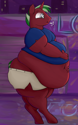 Size: 2500x4000 | Tagged: safe, artist:lupin quill, oc, oc only, oc:wooden spoon, species:anthro, species:unguligrade anthro, belly, belly button, bhm, big belly, clothing, fat, large butt, obese, open mouth, shirt, short tail, shorts, solo, stuffed, thunder thighs, tight clothing, wardrobe malfunction