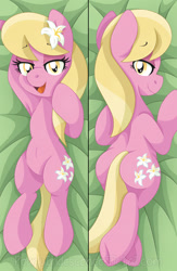 Size: 1355x2084 | Tagged: safe, artist:pearlyiridescence, character:lily, character:lily valley, species:earth pony, species:pony, g4, armpits, background pony, bedroom eyes, body pillow, body pillow design, cute, cutie mark, featureless crotch, flower, flower in hair, hooves behind head, looking back, open mouth, plot, prone, smiling, solo, underhoof