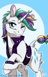 Size: 900x1440 | Tagged: safe, artist:inuhoshi-to-darkpen, character:rarity, species:classical unicorn, species:pony, species:unicorn, episode:it isn't the mane thing about you, g4, my little pony: friendship is magic, alternate hairstyle, bracelet, clothing, cloven hooves, female, fluffy, jacket, jewelry, leather jacket, leonine tail, mare, mohawk, one eye closed, punk, punkity, smiling, solo, spiked wristband, studded bracelet, unshorn fetlocks, wink, wristband