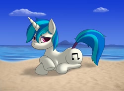 Size: 2500x1833 | Tagged: safe, artist:skipsy, character:dj pon-3, character:vinyl scratch, species:pony, species:unicorn, beach, crossed hooves, female, mare, prone, solo, tail wrap