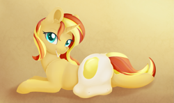 Size: 1363x809 | Tagged: safe, artist:dusthiel, character:sunset shimmer, species:pony, species:unicorn, bacon hair, chest fluff, cute, ear fluff, eating, egg, female, leg fluff, looking at you, mare, prone, pun, shimmerbetes, smiling, solo, visual gag