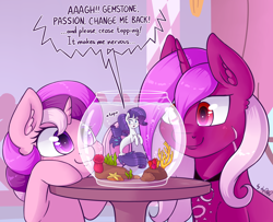 Size: 4212x3421 | Tagged: safe, artist:dsp2003, character:rarity, oc, oc:burning passion, oc:gemstone, species:pony, species:seapony (g4), species:unicorn, my little pony: the movie (2017), blushing, colt, comic, ear fluff, female, filly, fishbowl, male, marshmelodrama, micro, rarifish, seaponified, seapony rarity, single panel, species swap, transformation