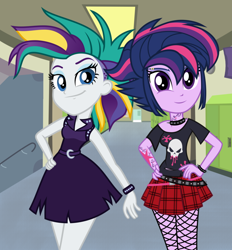 Size: 810x872 | Tagged: safe, artist:3d4d, artist:fundz64, artist:punzil504, artist:xebck, character:rarity, character:twilight sparkle, my little pony:equestria girls, alternate hairstyle, canterlot high, clothing, female, hallway, lockers, punk, punkity, punklight sparkle, raripunklight, shipping