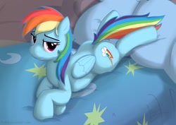 Size: 1436x1019 | Tagged: safe, artist:skipsy, character:rainbow dash, species:pegasus, species:pony, bed, bedroom eyes, female, lying down, mare, pillow, plump, prone, solo