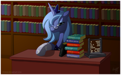Size: 3821x2350 | Tagged: safe, artist:skipsy, character:princess luna, species:alicorn, species:pony, abacus, book, bookshelf, clothing, desk, female, glasses, high res, horn, jewelry, library, mare, regalia, s1 luna, socks, solo, tiara