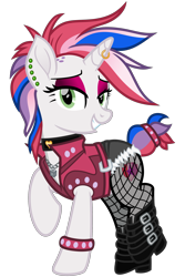 Size: 2000x3000 | Tagged: safe, alternate version, artist:cheezedoodle96, character:sweetie belle, species:pony, species:unicorn, episode:it isn't the mane thing about you, g4, my little pony: friendship is magic, .svg available, alternate hairstyle, belt, boots, bracelet, buckle, choker, clothing, denim shorts, ear piercing, earring, eyeshadow, female, fishnets, heart, horn piercing, horn ring, jacket, jewelry, lidded eyes, makeup, mare, mohawk, necklace, older, older sweetie belle, padlock, pantyhose, piercing, punk, punkity, raised hoof, raised leg, recolor, see-through, shoes, simple background, socks, solo, stockings, svg, thigh highs, torn clothes, transparent background, vector, vector edit